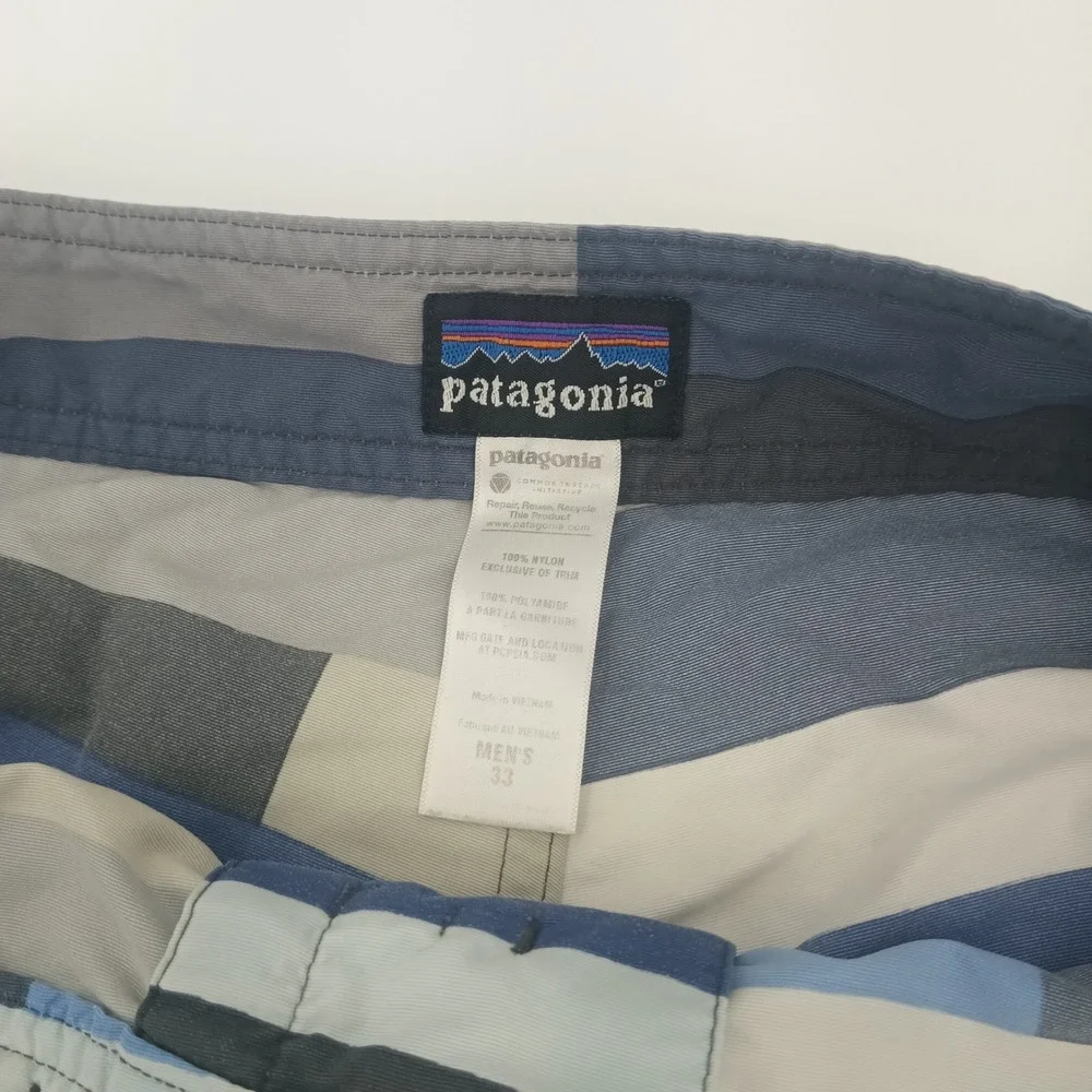 Patagonia Mens Board Shorts Blue Grey Geometric Block Print Swim Trunks Size 33